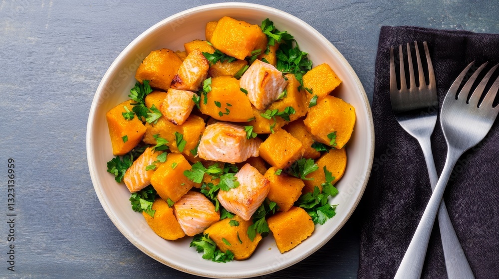 Vibrant dog meal featuring roasted pumpkin, salmon, and parsley Vibrant dog meal featuring roasted pumpkin, salmon, and parsley