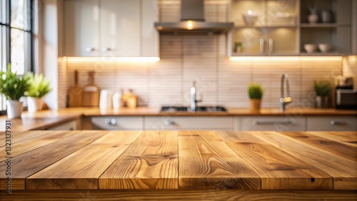 Wooden table top with warm wood grain on defocused kitchen room and window background  wooden table  ambient lighting