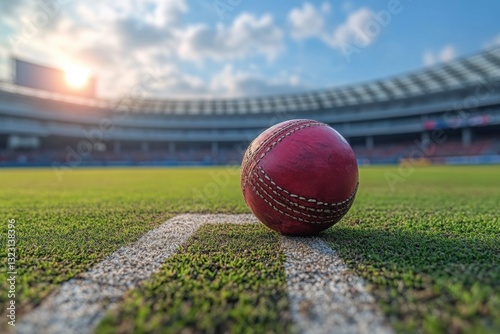 A cricket ball sits on the boundary line of a grassy field with a stadium in the background and a bright sky overhead on a sunny day