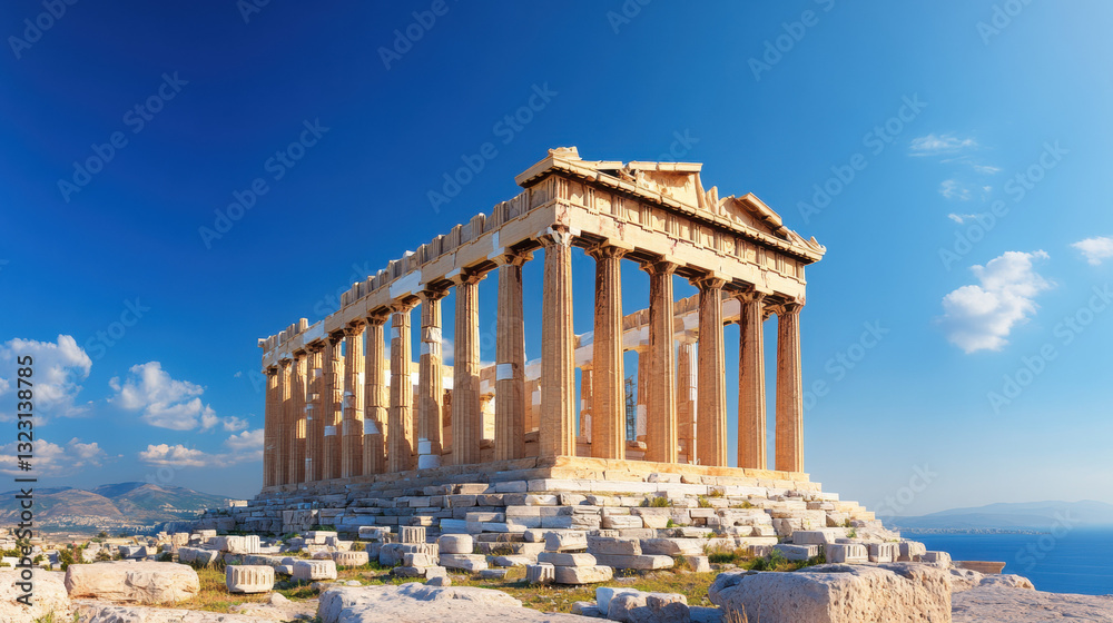 Obraz premium Ancient greek temple surrounded by lush greenery showcasing the grandeur of classical architecture in realistic detail