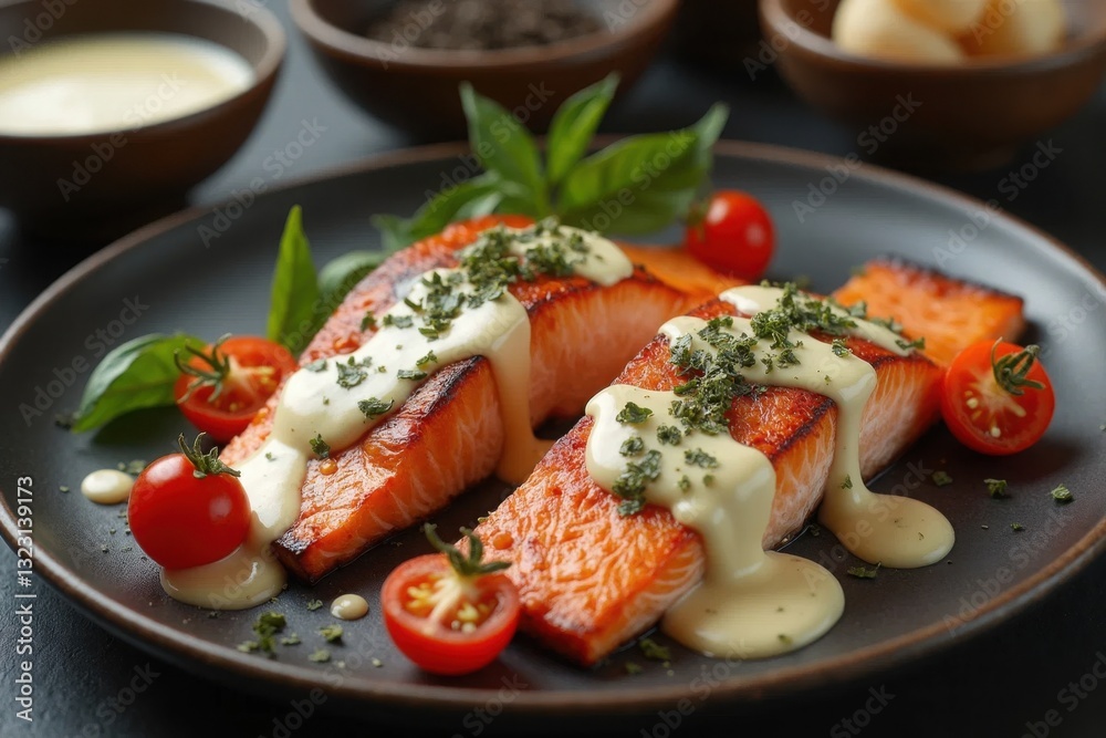 Grilled salmon fillets topped with creamy sauce and fresh herbs served with cherry tomatoes on a black plate Grilled salmon fillets topped with creamy sauce and fresh herbs served with cherry tomatoes on a black plate
