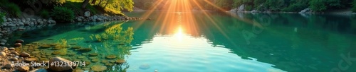 Sol reflejado en agua cristalina de la laguna, reflejos, naturaleza, tranquilidad