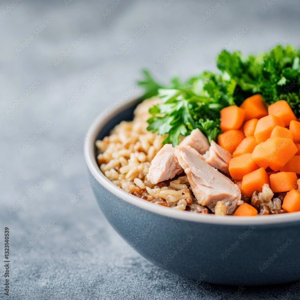 Healthy dog food bowl with soft-cooked turkey, brown rice, and carrots Healthy dog food bowl with soft-cooked turkey, brown rice, and carrots