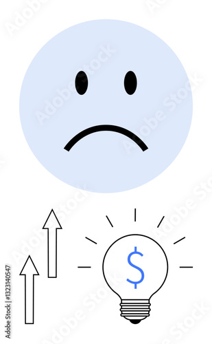 Frowning face signifies concern arrows and light bulb with dollar symbol suggest brainstorming solutions and financial growth. Ideal for innovation, strategy, motivation, progress, business