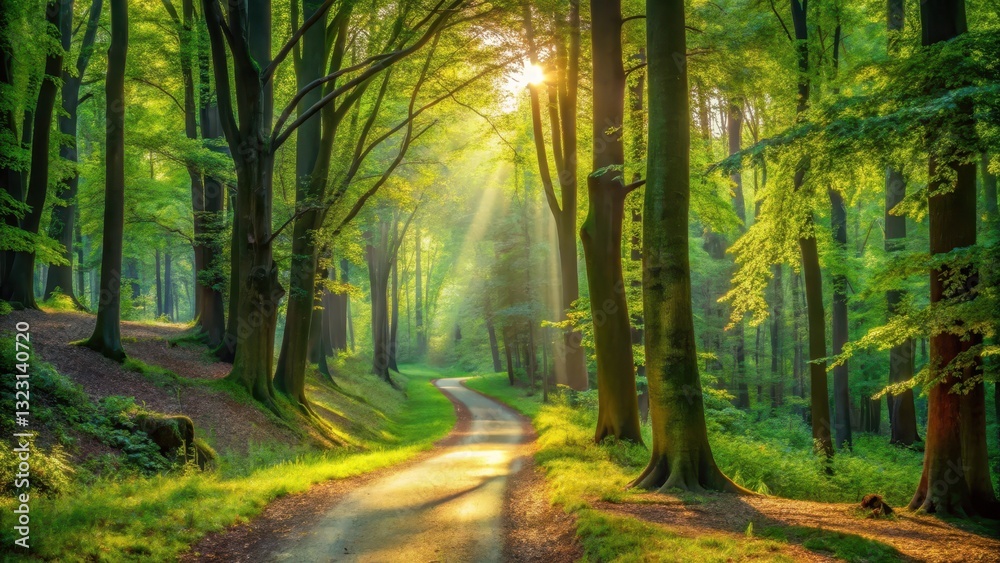 Fototapeta premium Winding green path through a serene forest landscape with tall trees and dappled sunlight filtering through leaves , forest scenery, dappled light
