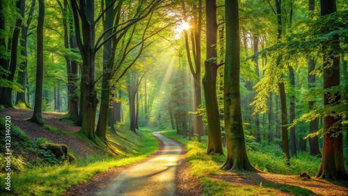 Winding green path through a serene forest landscape with tall trees and dappled sunlight filtering through leaves , forest scenery, dappled light