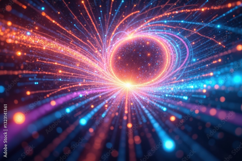Fototapeta premium A Stunning Digital Representation of a Vibrant Black Hole With Colorful Streams of Light Emphasizing the Phenomenon of Cosmic Energy Flowing Into It