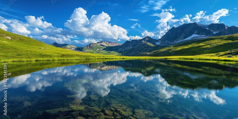 Obraz premium A serene mountain lake reflecting the sky, symbolizing tranquility and the beauty of nature.