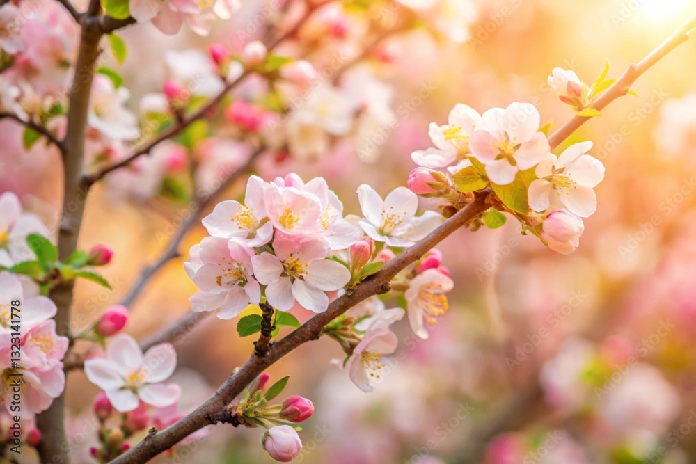 Spring flowers background in peach fuzz color. Blooming apple tree. Soft focus, springtime blossom freshness. Spring flowers background in peach fuzz color. Blooming apple tree. Soft focus, springtime blossom freshness.