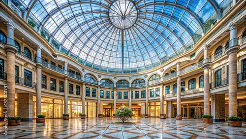 Grand atrium with high ceiling and large glass dome, high ceiling, glass dome