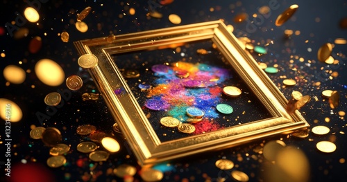 A gold frame with a lot of gold coins and colorful confetti
