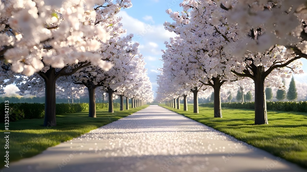 Fototapeta premium A tranquil pathway lined with blooming cherry blossom trees, creating a picturesque and serene landscape. Concept Cherry Blossom Pathway, Serene Landscape, Blooming Trees, Tranquil Walkway