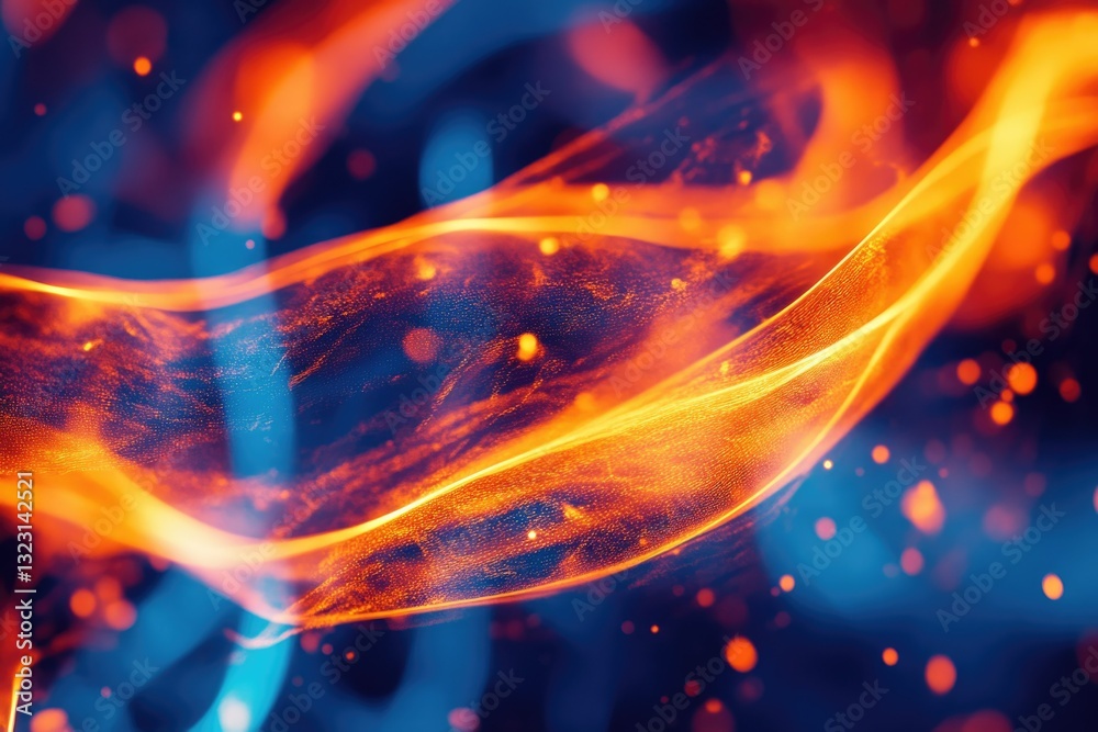 Abstract art depicting fiery orange and blue waves with glowing particles, creating a dynamic and energetic visual. Abstract art depicting fiery orange and blue waves with glowing particles, creating a dynamic and energetic visual.
