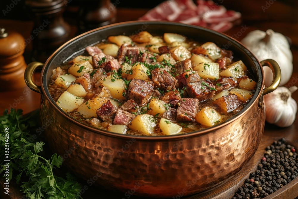Hearty beef and potato stew in a copper pot garnished with fresh herbs perfect for a comforting and flavorful meal Hearty beef and potato stew in a copper pot garnished with fresh herbs perfect for a comforting and flavorful meal