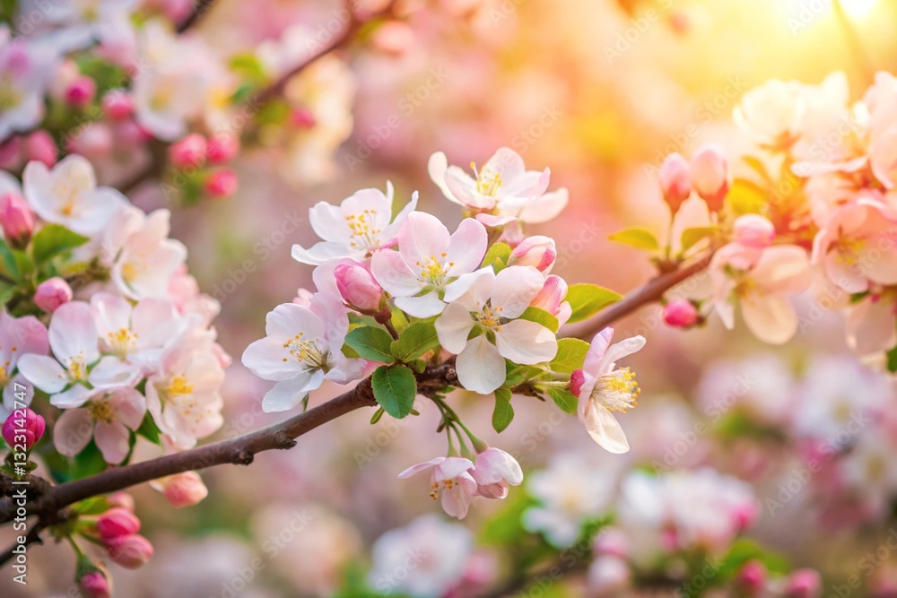 Spring flowers background in peach fuzz color. Blooming apple tree. Soft focus, springtime blossom freshness. Spring flowers background in peach fuzz color. Blooming apple tree. Soft focus, springtime blossom freshness.