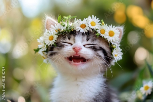 Cute baby cat balinese wearing primal flower circlet on its head. Sunny daylight. Vacation time happiness. Flower-adorned cat in nature. Happy pet in summer. Petâ€™s bright and happy vacation.