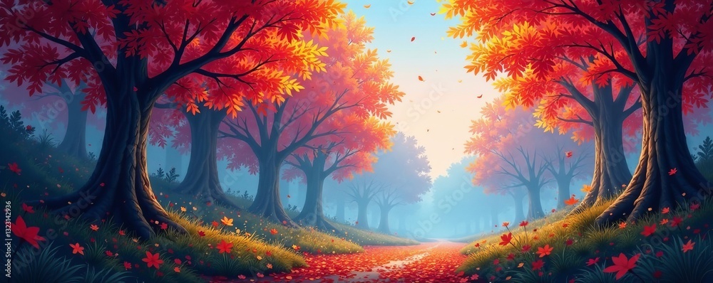 Obraz premium Vibrant anime artwork of a serene autumn forest scene with colorful leaves and foggy atmosphere, foggy, serene, leaves