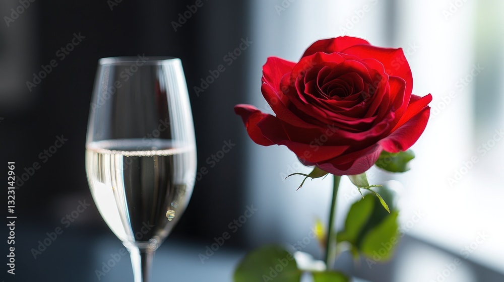 Elegant Red Rose Next to Sparkling Wine Glass in Soft Indoor Light for Romantic Ambiance Elegant Red Rose Next to Sparkling Wine Glass in Soft Indoor Light for Romantic Ambiance