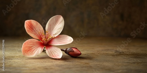 Delicate blossom unfolding on a rustic table, showcasing nature's beauty in a serene setting.