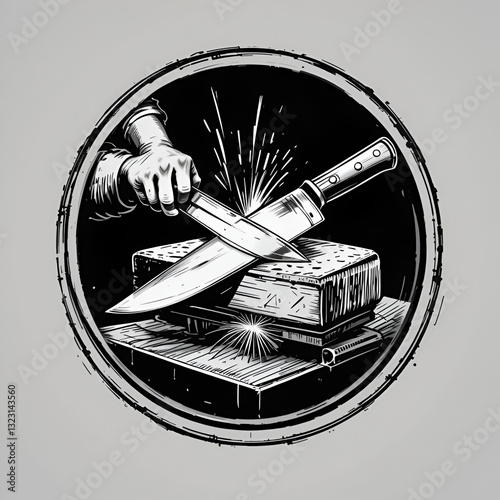 Sharpening knife logo for a blacksmith craftsman, black and white industrial illustration, round whetstone in the process of sharpening a knife with sparks.