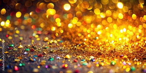 Colorful golden confetti with glitter scattered all over the background, creating a festive atmosphere and beautiful bokeh effect from a glittering light source , decoration, confetti
