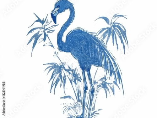 Blue monochrome sketch of a flamingo standing in front of tropical plants, minimalist and hand-drawn artistic style