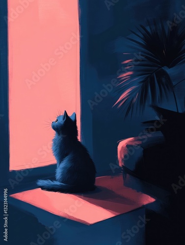Digital illustration of a cat sitting by a glowing window at night, deep blue hues contrast with warm pink light, artistic and atmospheric