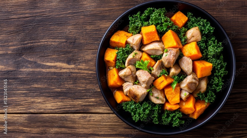 Rustic home-cooked dog meal with turkey, sweet potatoes, and kale Rustic home-cooked dog meal with turkey, sweet potatoes, and kale