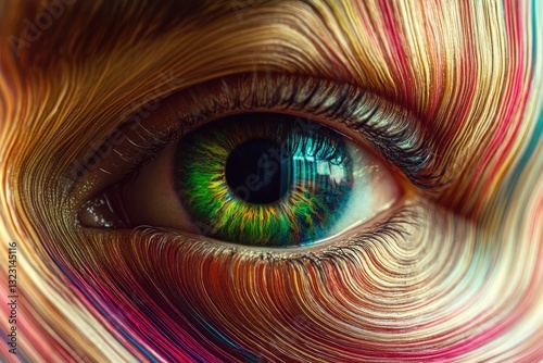 Close-up of a human eye with swirling colorful textures, abstract artistic representation