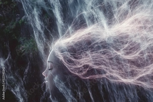 Surreal female face merging with flowing water, ethereal effect, abstract fantasy concept