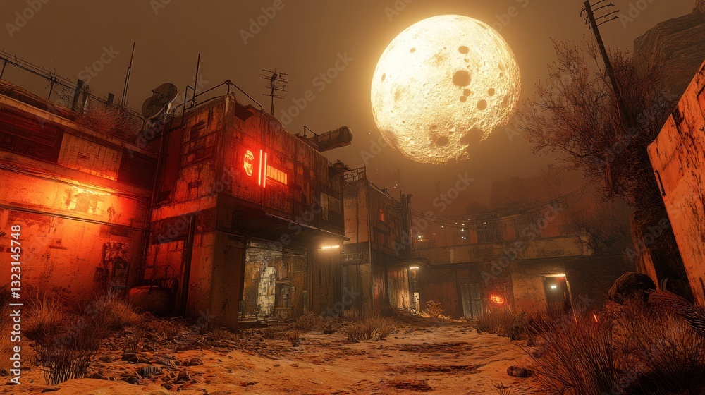 Obraz premium An abandoned industrial building overrun with alien flora, glowing with red lights, standing in the barren desert of an alien planet, a huge moon casts long shadows on all this.