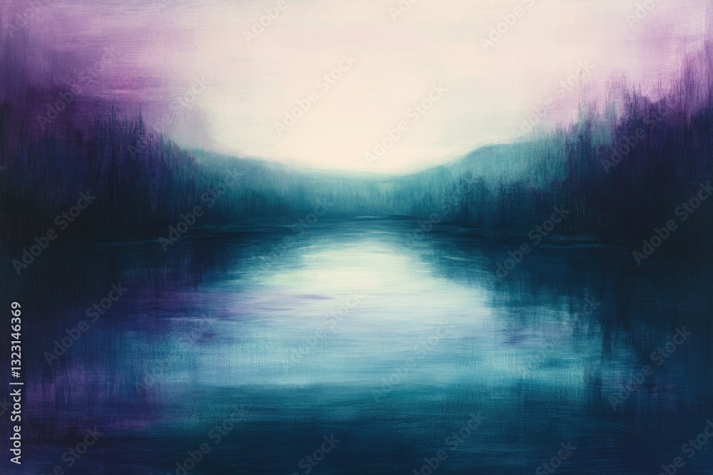 Fototapeta premium Serene landscape painting depicting a tranquil lake surrounded by misty purple and teal forests under a soft light.