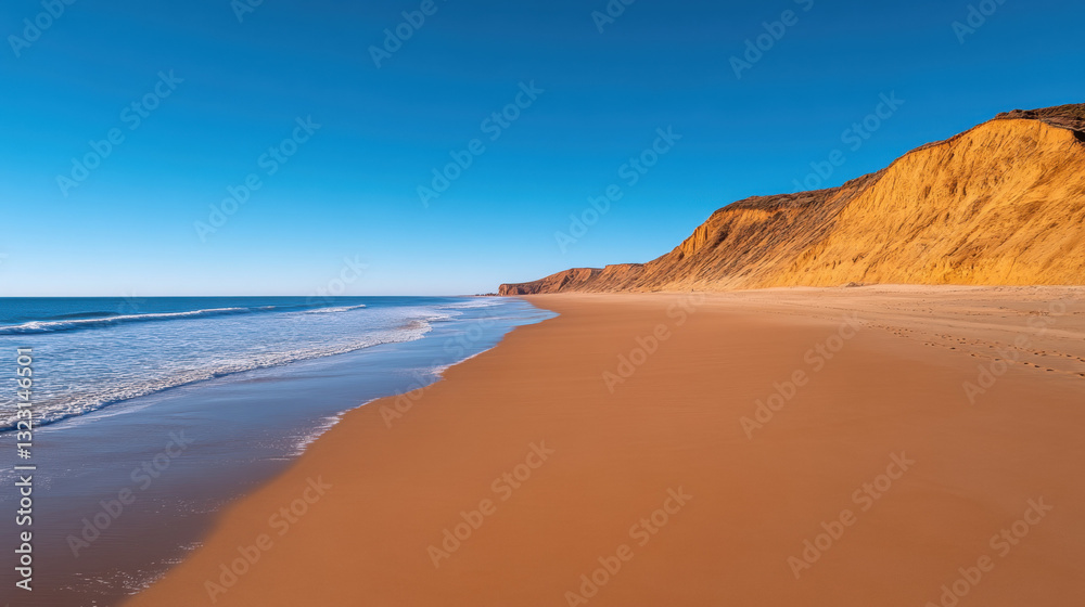 Serene coastal beach scene featuring a majestic cliff in the background ideal for relaxation and getaway Serene coastal beach scene featuring a majestic cliff in the background ideal for relaxation and getaway
