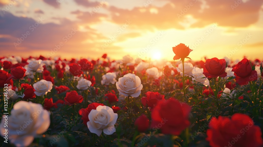 Obraz premium Beautiful Sunrise Over a Field of Colorful Roses in Bloom with Vibrant Red and White Petals Illuminated by Soft Golden Light
