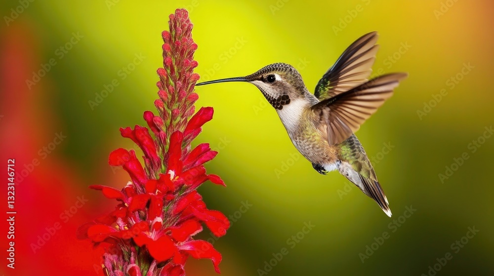 Fototapeta premium A hummingbird is approaching a vibrant red flower for sustenance