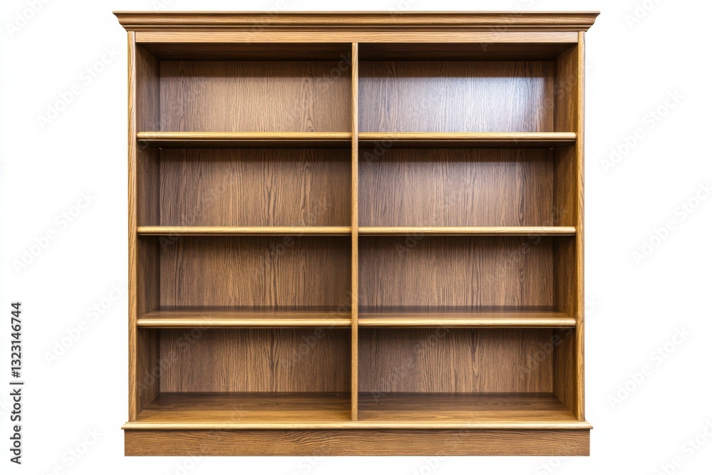 Professional stock photo of an empty wooden bookshelf isolated on a white background with sharp details Professional stock photo of an empty wooden bookshelf isolated on a white background with sharp details