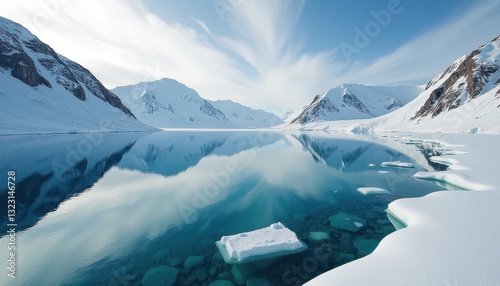 Serene Winter Reflection: SnowCovered Mountains Icily Lit Against Clear Blue Skies. A large body of water surrounded by snow covered mountains.