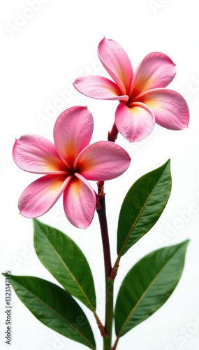 Isolated pink frangipani leaves with soft light effects, garden, white background, frangipani
