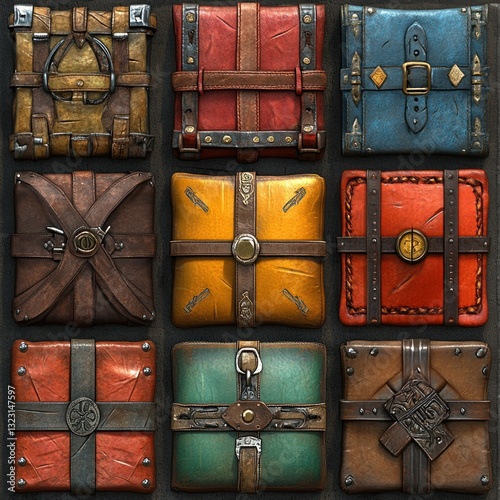 Nine diverse leather-bound chests, varying colors and textures.