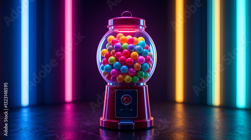 Colorful neon gumball machine on dark background,