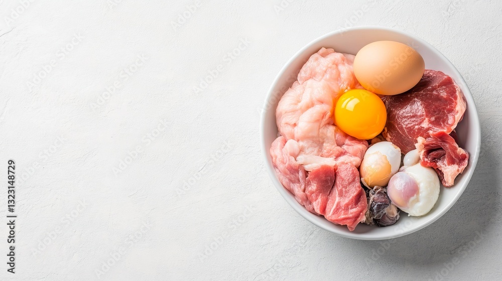 Raw diet dog bowl with fresh rabbit, organ meats, and raw egg yolk Raw diet dog bowl with fresh rabbit, organ meats, and raw egg yolk