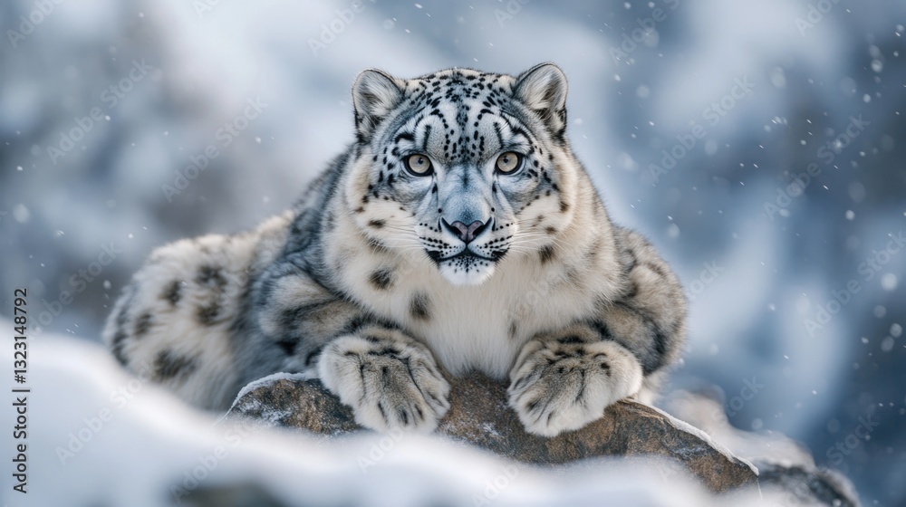 A beautiful snow leopard resting peacefully on a rocky surface A beautiful snow leopard resting peacefully on a rocky surface