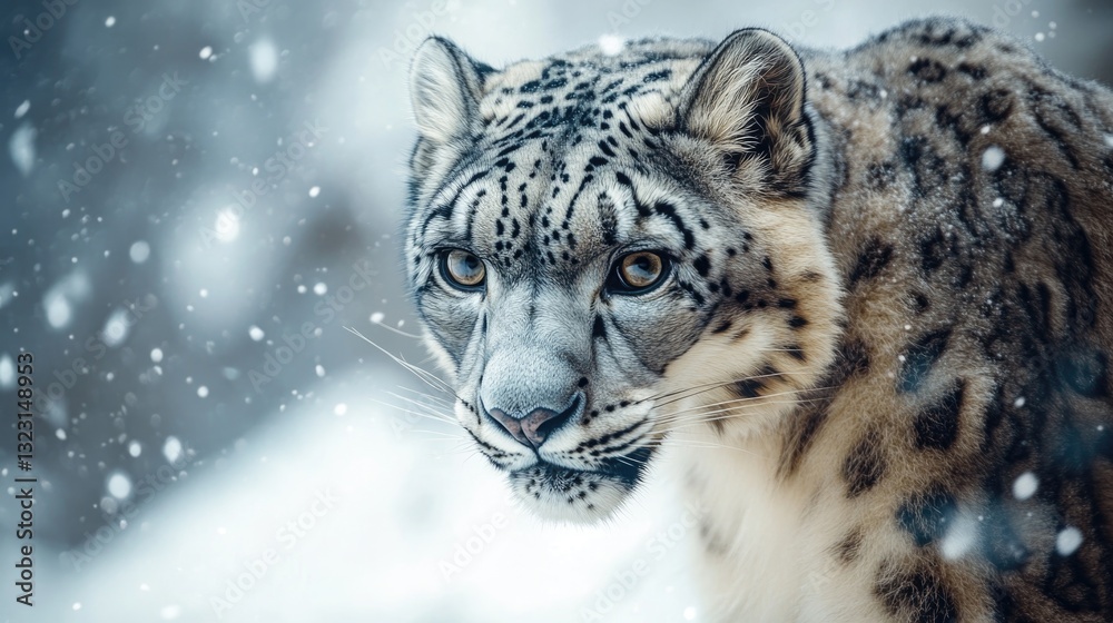 Obraz premium A close portrait showcases a beautiful snow leopard in the snow
