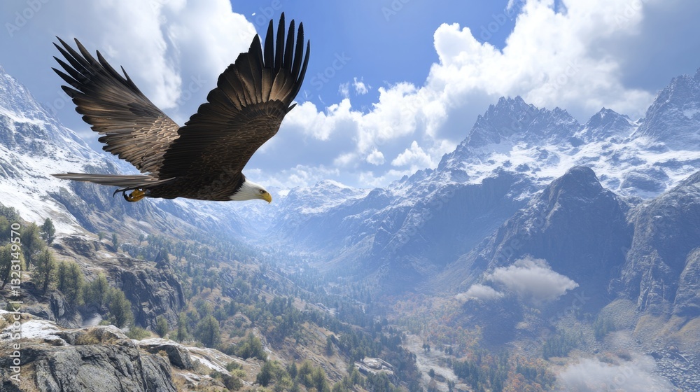 Fototapeta premium An eagle soars majestically above snowy mountain landscapes and valleys