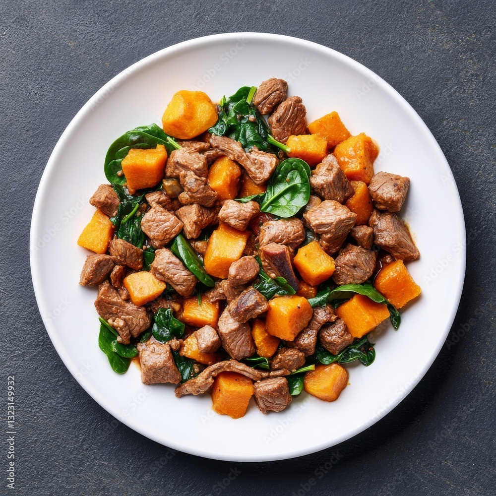 Premium grain-free dog food with venison, pumpkin, and fresh spinach on a white ceramic plate Premium grain-free dog food with venison, pumpkin, and fresh spinach on a white ceramic plate