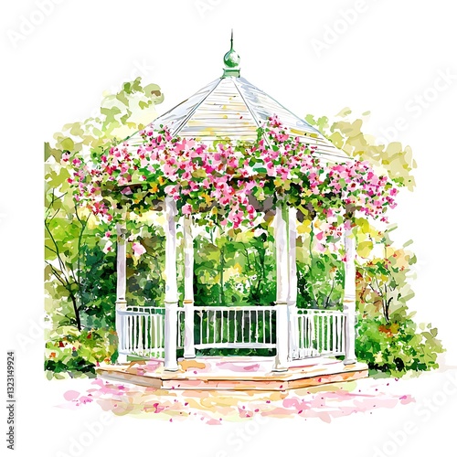 Idyllic Garden Gazebo A Serene Watercolor Illustration of a Floral-Draped Summer House. photo