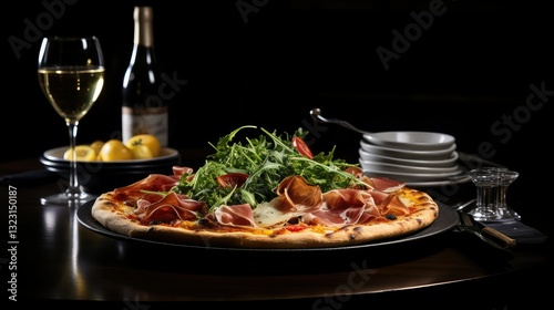 prosciutto pizza on a table photo