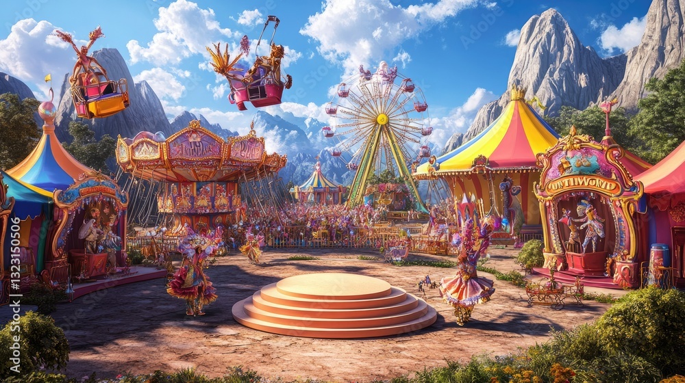 Obraz premium Enchanted Mountaintop Carnival: A Whimsical Fairytale Setting