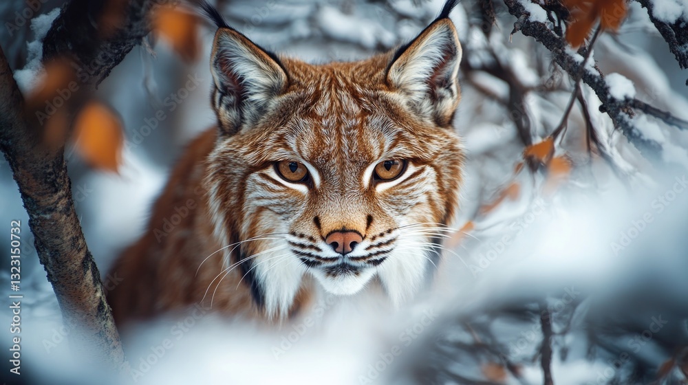 A lynx peers intensely from behind branches in winter A lynx peers intensely from behind branches in winter