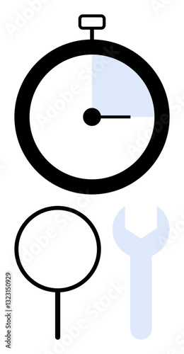 Stopwatch tracking time, magnifying glass for inspection, wrench for repair. Ideal for productivity, analysis, efficiency, troubleshooting, precision workflow and planning. Flat simple metaphor